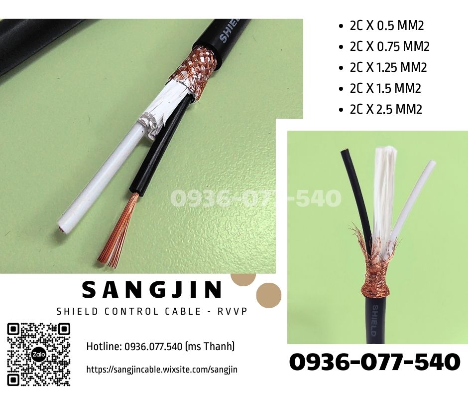 Cáp điều khiển Sangjin 2x1.25 mm2, không lưới chống nhiễu RVV, cáp mềm nhập khẩu